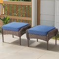 Outdoor Ottoman PE Wicker Brown Blue Cushion Set of 2 250 LB