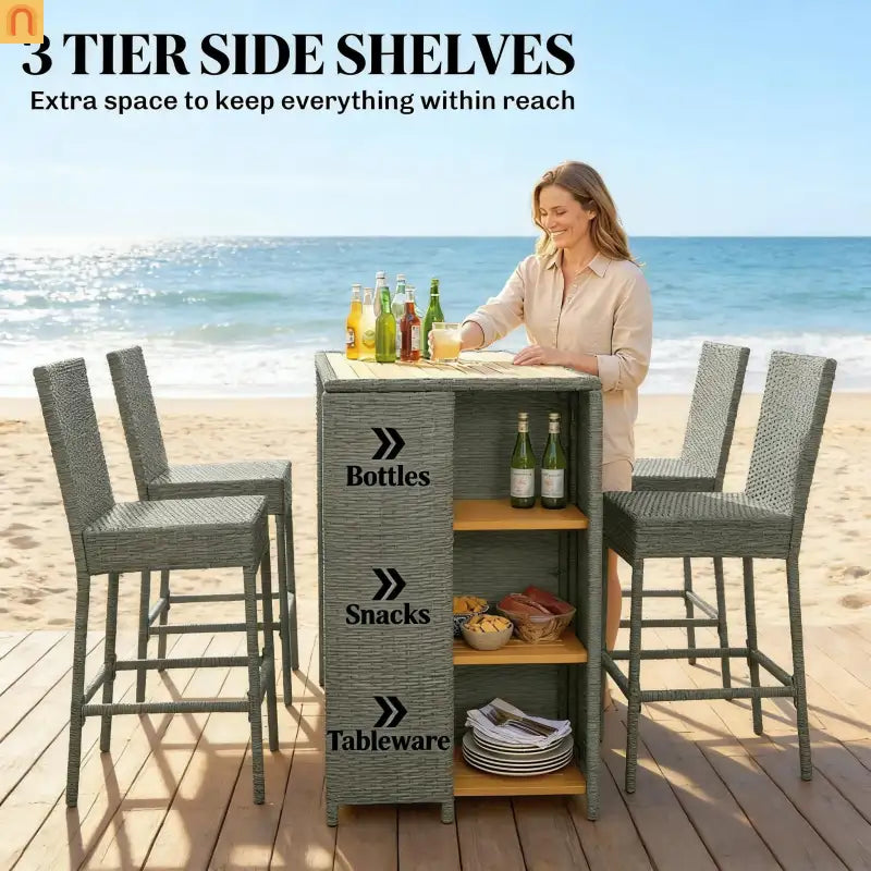 Outdoor Bar Set Acacia Wood PE Wicker Steel Gray 5 Piece