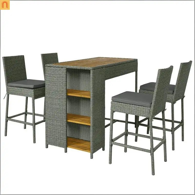 Outdoor Bar Set Acacia Wood PE Wicker Steel Gray 5 Piece