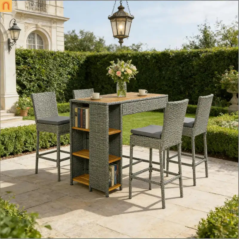 Outdoor Bar Set Acacia Wood PE Wicker Steel Gray 5 Piece