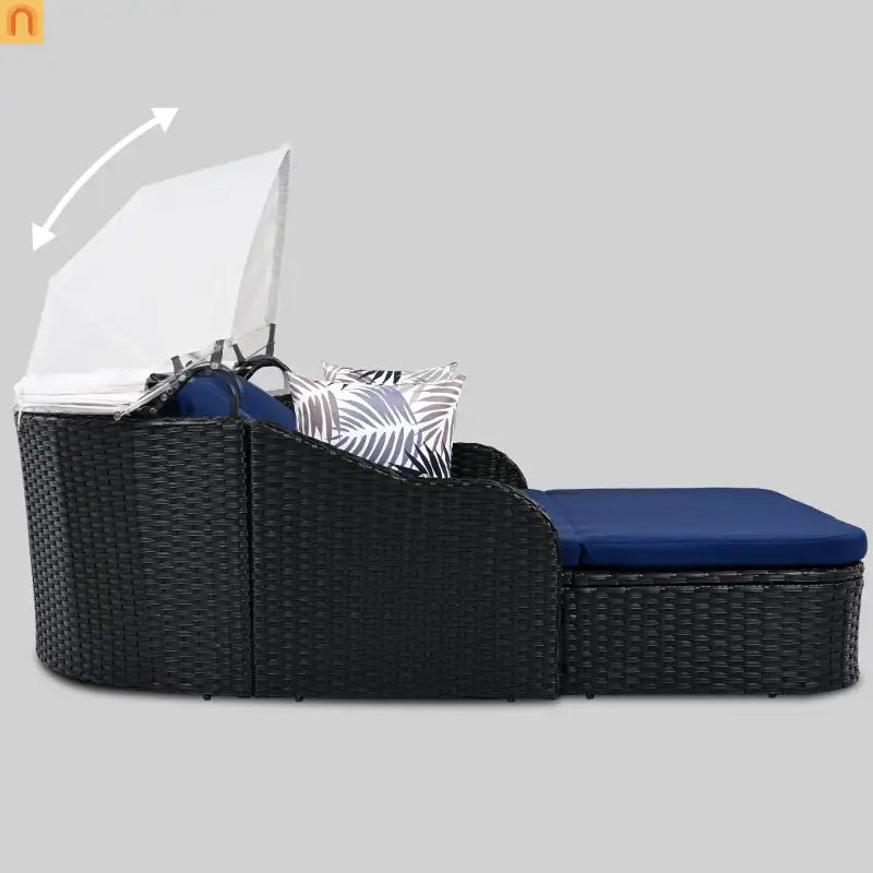 Outdoor Double Sun Lounge Bed PE Rattan Black Blue Canopy 500 lb Cap