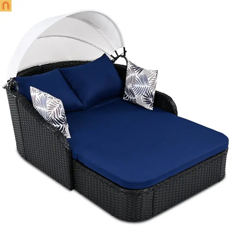 Outdoor Double Sun Lounge Bed PE Rattan Black Blue Canopy 500 lb Cap
