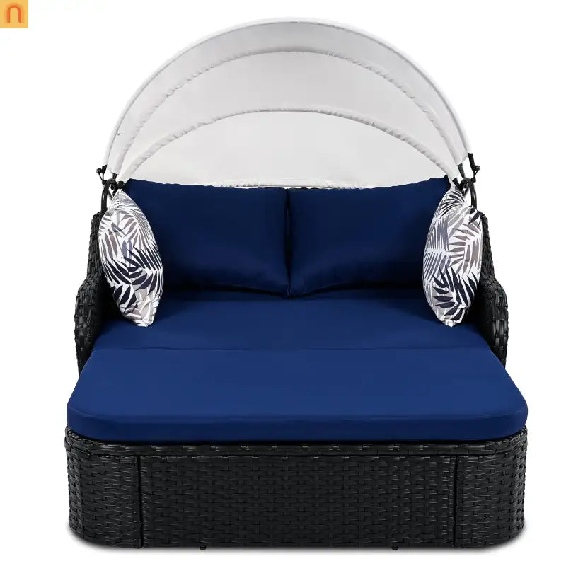 Outdoor Double Sun Lounge Bed PE Rattan Black Blue Canopy 500 lb Cap