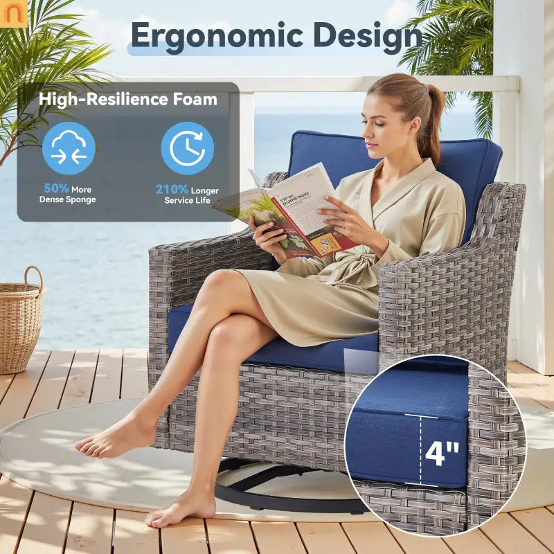 Outdoor Swivel Chair Set PE Rattan Gray 3 Piece Glass Top Side Table