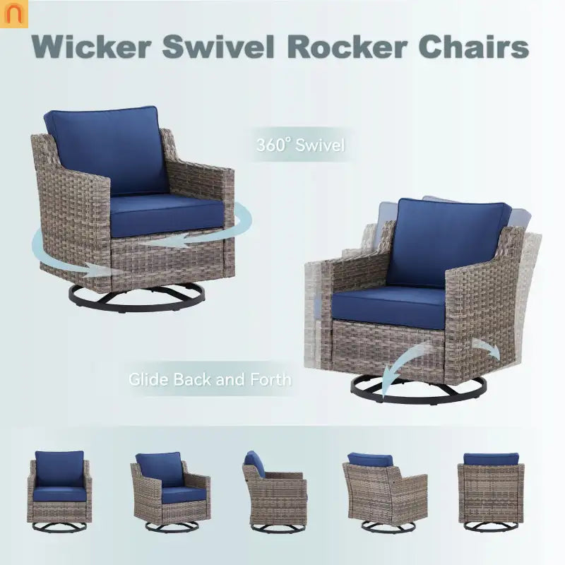 Outdoor Swivel Chair Set PE Rattan Gray 3 Piece Glass Top Side Table