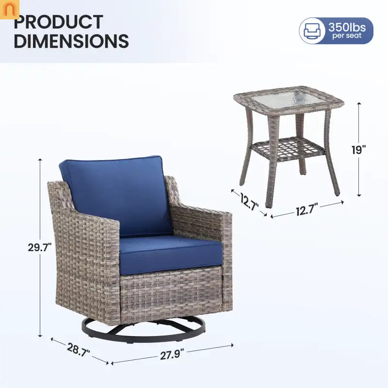 Outdoor Swivel Chair Set PE Rattan Gray 3 Piece Glass Top Side Table