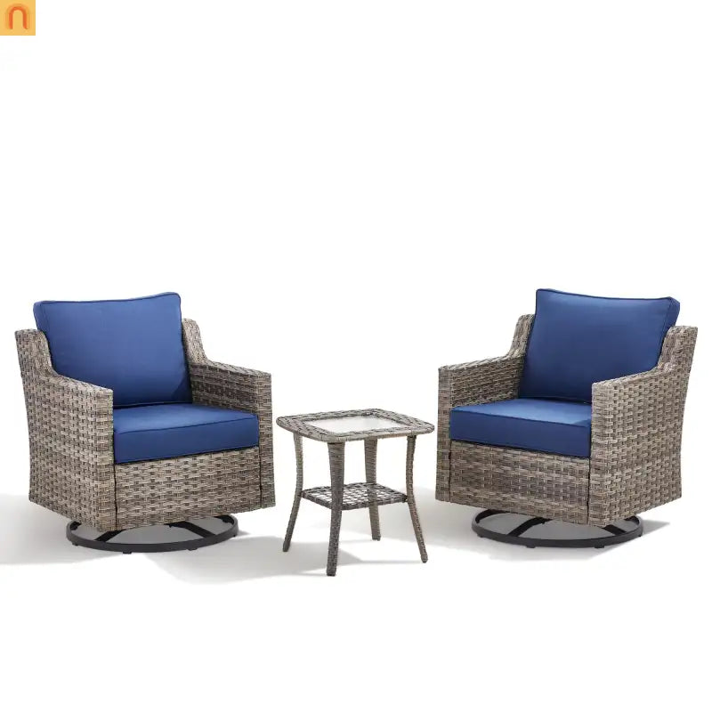 Outdoor Swivel Chair Set PE Rattan Gray 3 Piece Glass Top Side Table