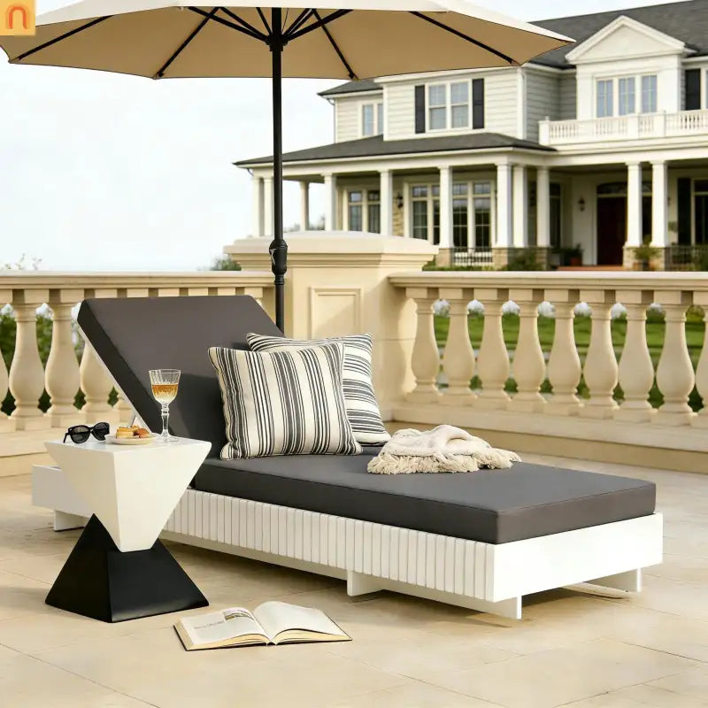 Chaise Lounge Acacia Wood White Frame Dark Gray Cushion 6 Position 400 LB