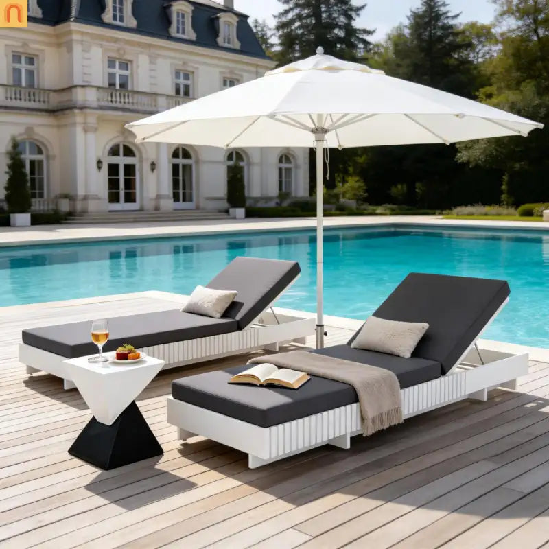 Chaise Lounge Acacia Wood White Frame Dark Gray Cushion 6 Position 400 LB