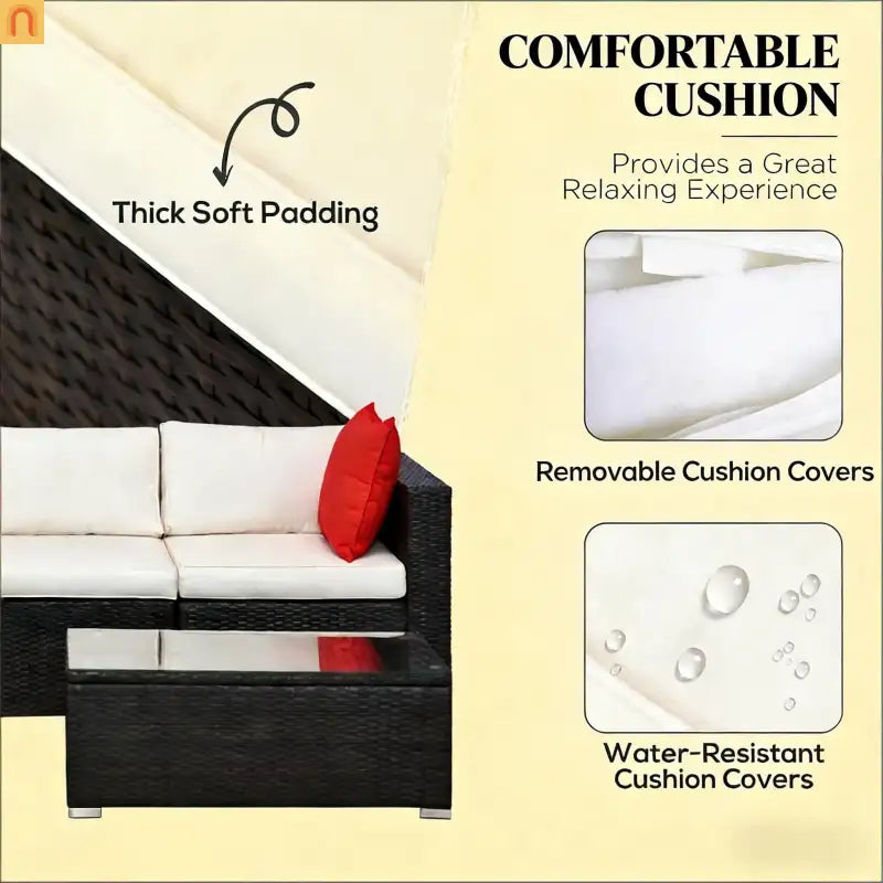 5 Piece PE Rattan Outdoor Sectional Set Brown Cream