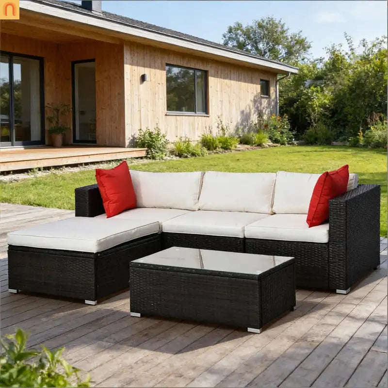 5 Piece PE Rattan Outdoor Sectional Set Brown Cream