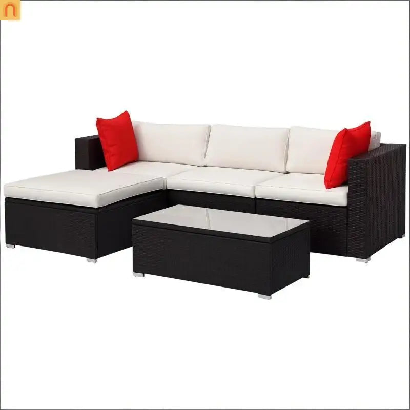 5 Piece PE Rattan Outdoor Sectional Set Brown Cream