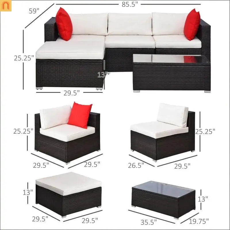 5 Piece PE Rattan Outdoor Sectional Set Brown Cream