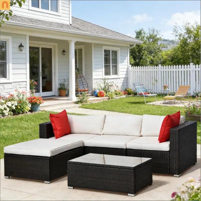 5 Piece PE Rattan Outdoor Sectional Set Brown Cream