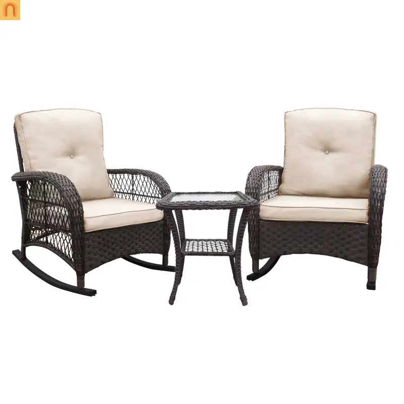 Outdoor Bistro Set PE Wicker Rocker Brown 3 Piece