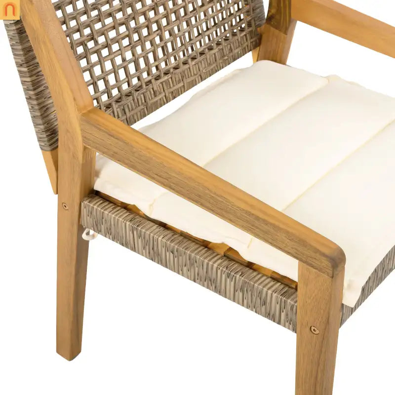 Outdoor Dining Chair Acacia Wood Wicker Teak Cream Cushion 400 LB Set 2
