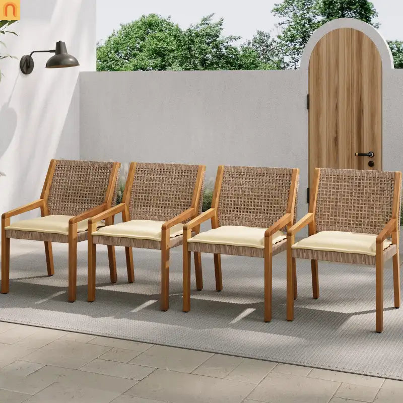 Outdoor Dining Chair Acacia Wood Wicker Teak Cream Cushion 400 LB Set 2