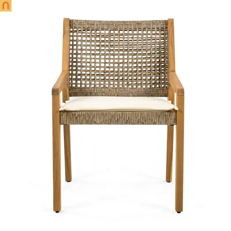 Outdoor Dining Chair Acacia Wood Wicker Teak Cream Cushion 400 LB Set 2