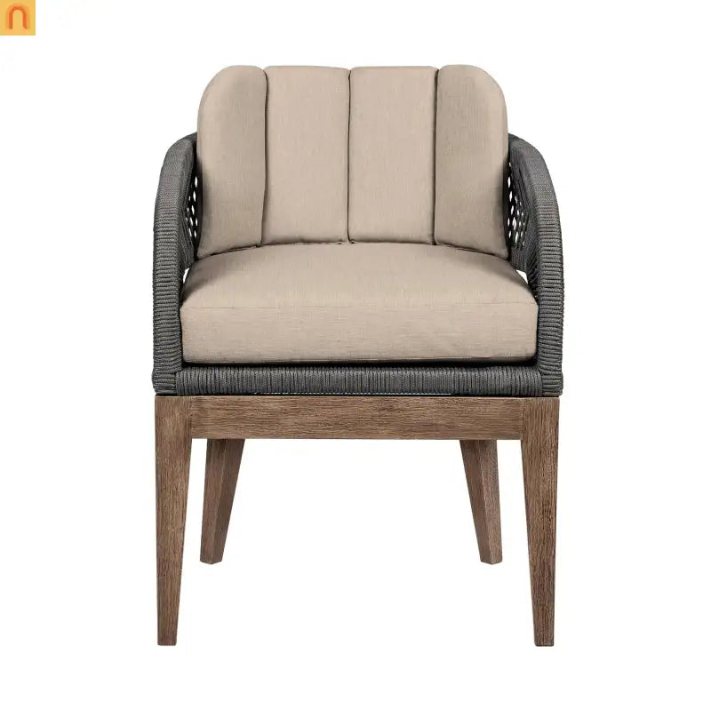 Outdoor Dining Chair Eucalyptus Wood Brown Gray Rope Cushion No Assembly