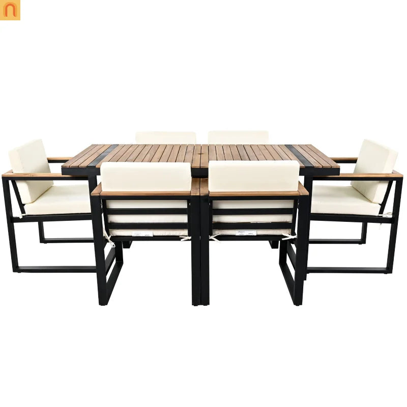 Outdoor Dining Set Acacia Wood Steel Beige Cushion 7 Piece Umbrella Hole