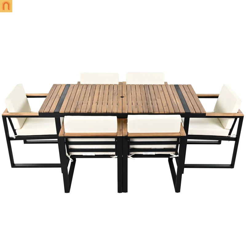 Outdoor Dining Set Acacia Wood Steel Beige Cushion 7 Piece Umbrella Hole
