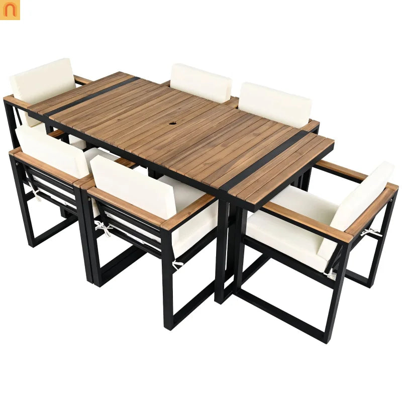 Outdoor Dining Set Acacia Wood Steel Beige Cushion 7 Piece Umbrella Hole