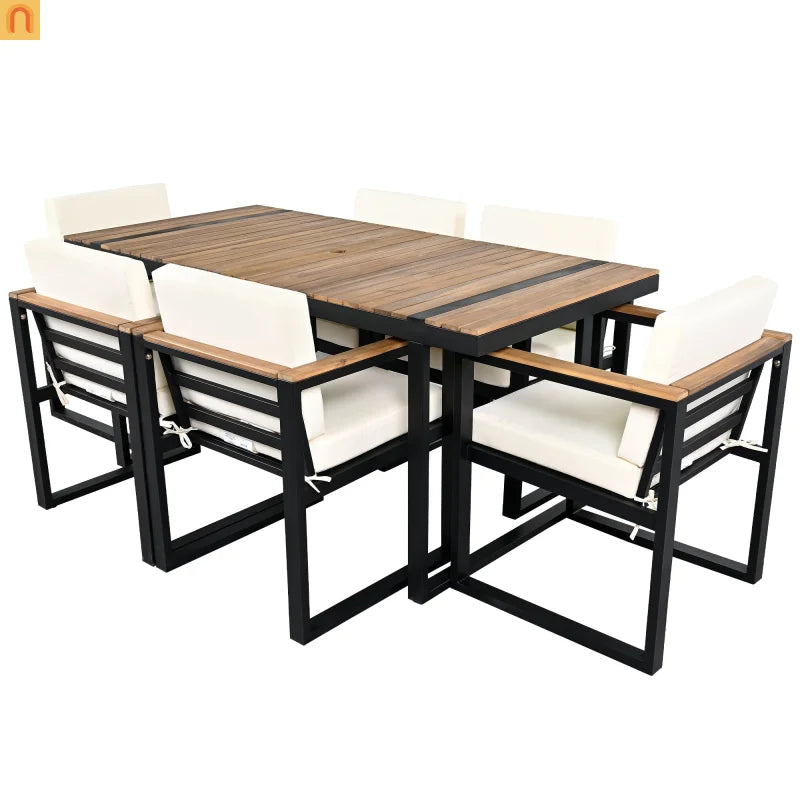 Outdoor Dining Set Acacia Wood Steel Beige Cushion 7 Piece Umbrella Hole