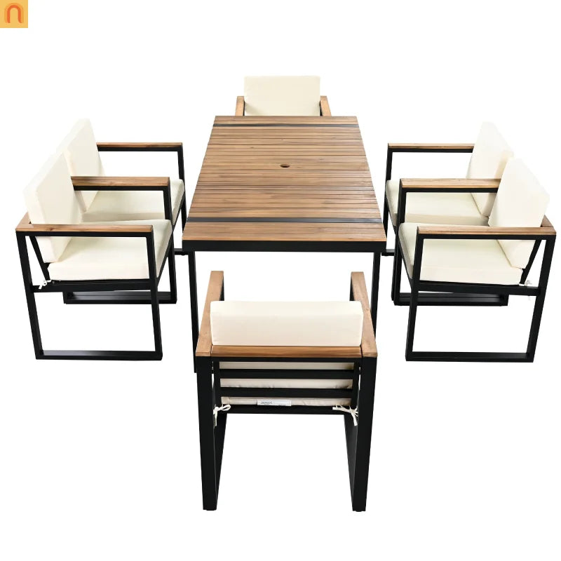 Outdoor Dining Set Acacia Wood Steel Beige Cushion 7 Piece Umbrella Hole