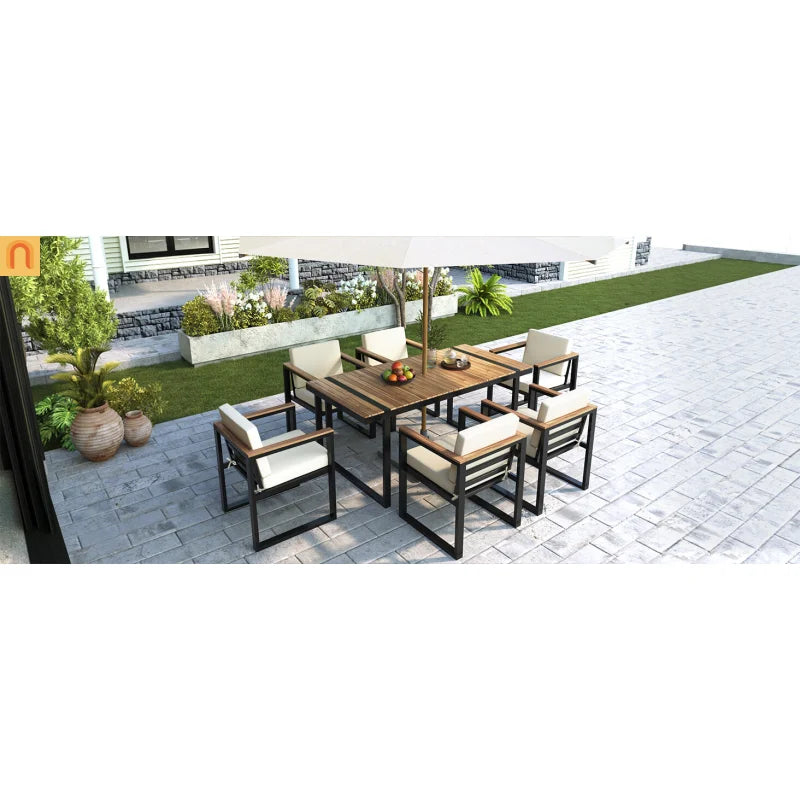 Outdoor Dining Set Acacia Wood Steel Beige Cushion 7 Piece Umbrella Hole
