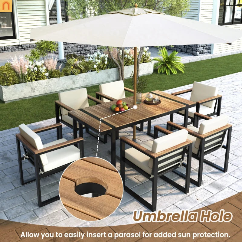 Outdoor Dining Set Acacia Wood Steel Beige Cushion 7 Piece Umbrella Hole