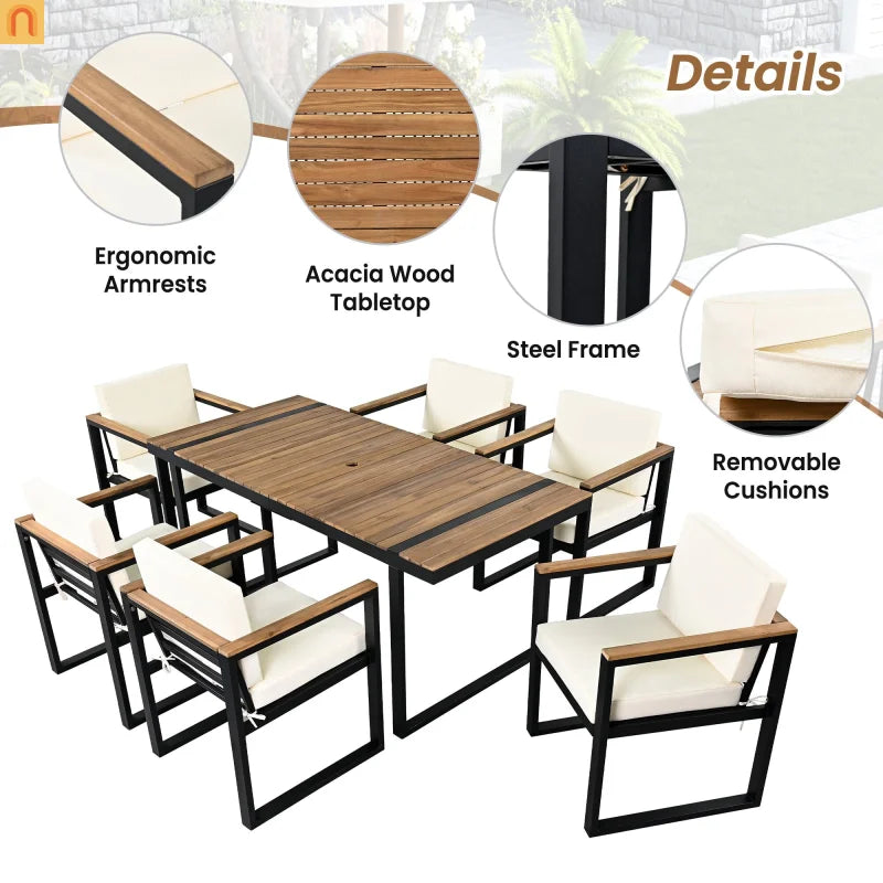 Outdoor Dining Set Acacia Wood Steel Beige Cushion 7 Piece Umbrella Hole