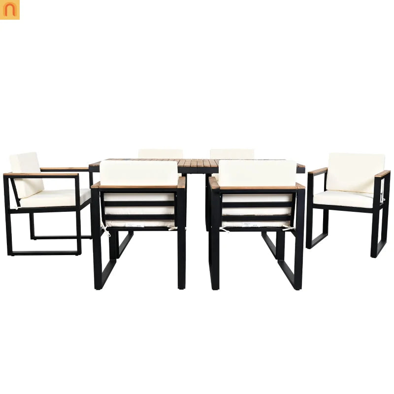Outdoor Dining Set Acacia Wood Steel Beige Cushion 7 Piece Umbrella Hole