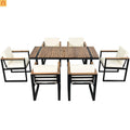 Outdoor Dining Set Acacia Wood Steel Beige Cushion 7 Piece Umbrella Hole