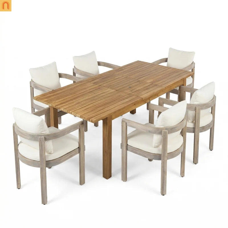 7 Piece Acacia Wood Outdoor Dining Set Expandable Cream Cushion