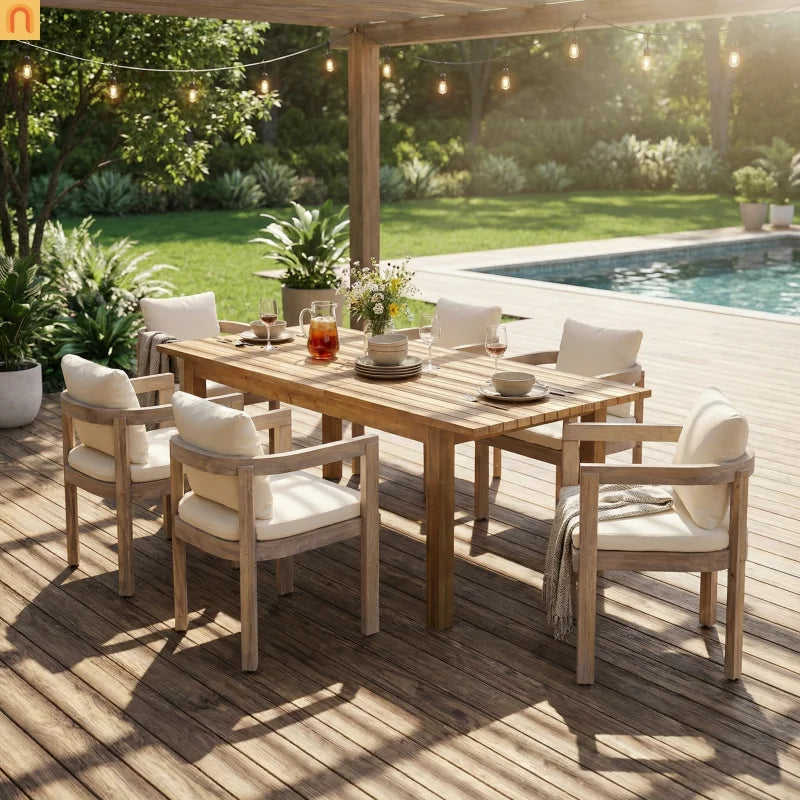 7 Piece Acacia Wood Outdoor Dining Set Expandable Cream Cushion