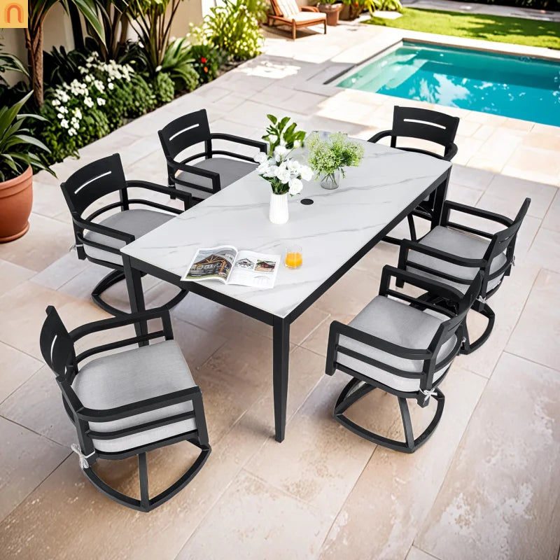 7 Piece Outdoor Dining Set Aluminum Sintered Stone Black
