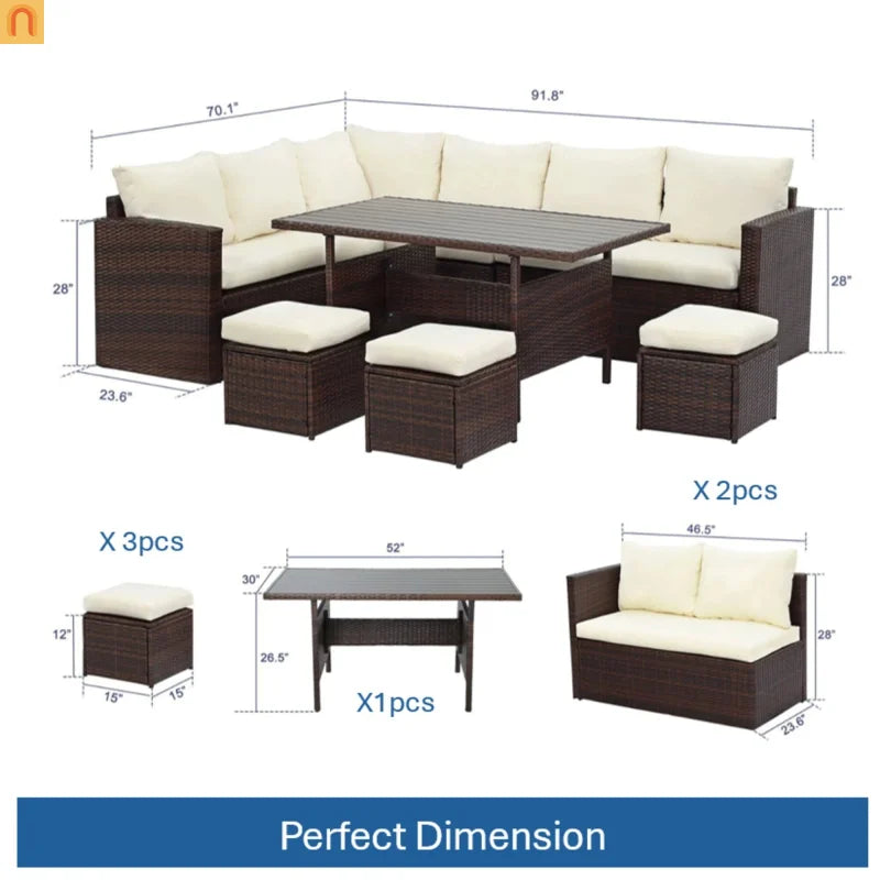 Outdoor Dining Set PE Rattan Steel Beige 7 Piece Modular Seats 9