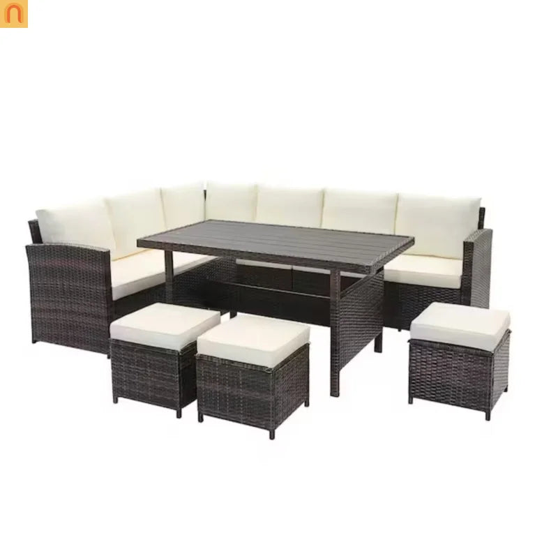 Outdoor Dining Set PE Rattan Steel Beige 7 Piece Modular Seats 9