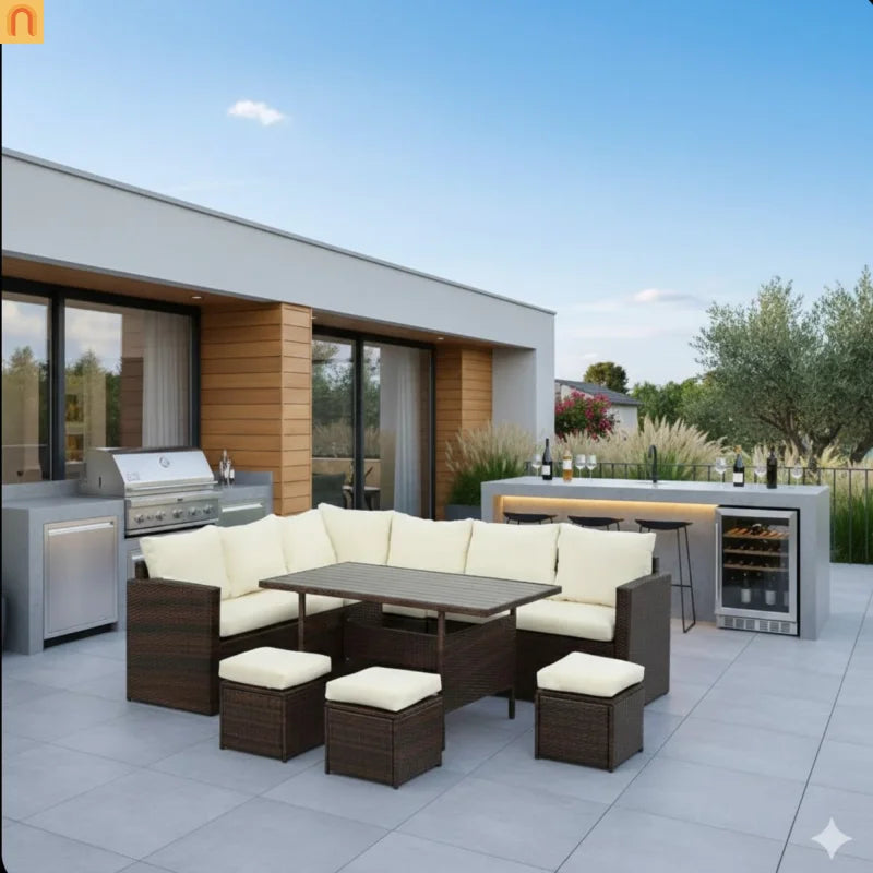 Outdoor Dining Set PE Rattan Steel Beige 7 Piece Modular Seats 9