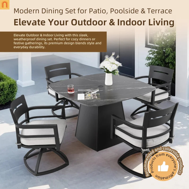 Outdoor Dining Set Sintered Stone Aluminum Black 5 Piece Swivel Seats 4