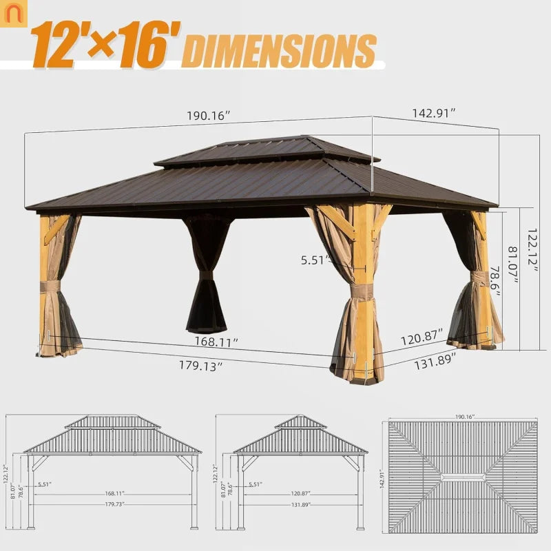 Hardtop Gazebo Cedar Wood Brown 12x16 Ft Netting 164 Sq Ft Shade