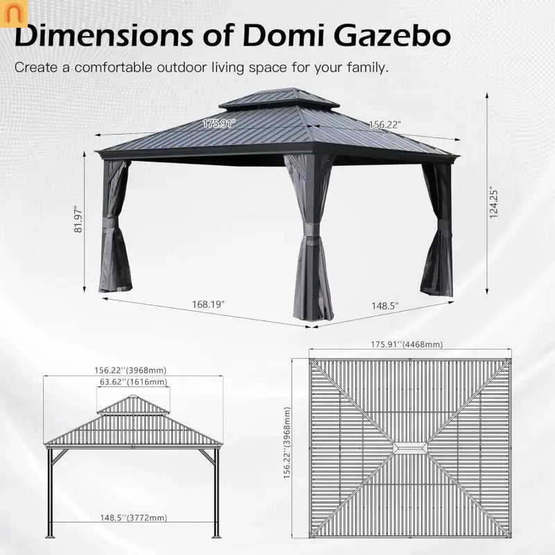 Hardtop Gazebo Steel Gray 13x15ft Curtains Netting 40MPH
