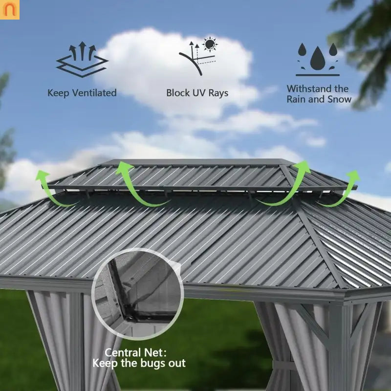 Hardtop Gazebo Steel Gray 13x15ft Curtains Netting 40MPH