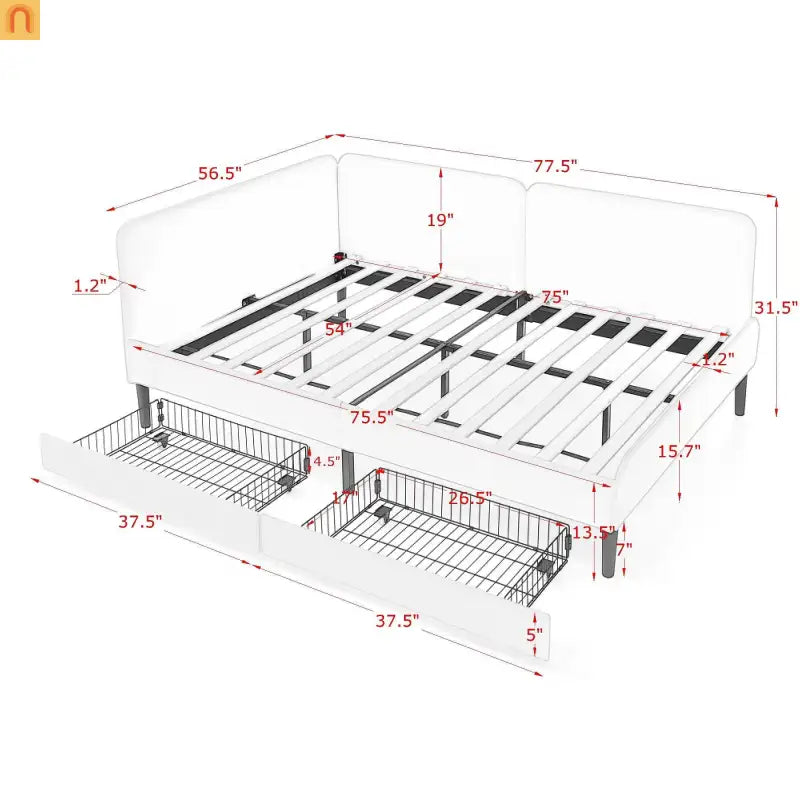 Bed Frame Daybed Platform Velvet Black Full 2 Drawers 300 lb
