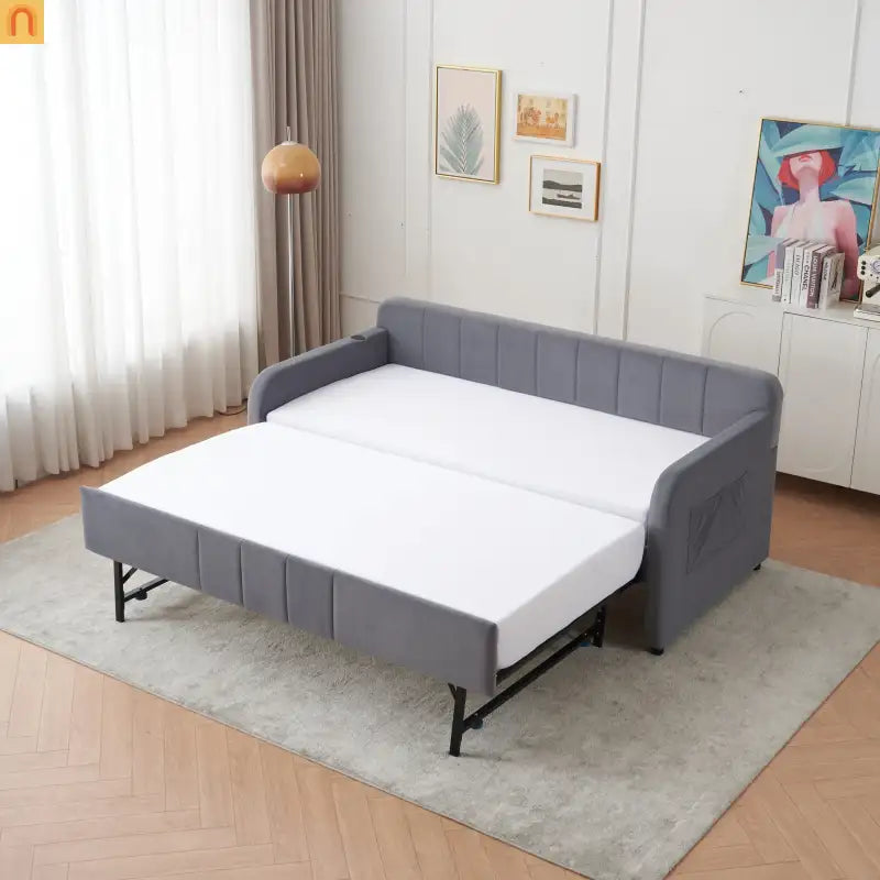 Bed Frame Daybed Twin Velvet Gray Roll-Out Trundle 250 lb
