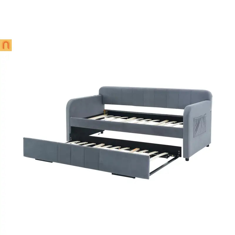 Bed Frame Daybed Twin Velvet Gray Roll-Out Trundle 250 lb