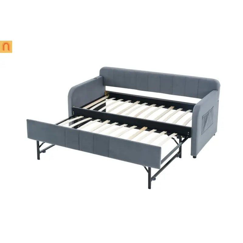 Bed Frame Daybed Twin Velvet Gray Roll-Out Trundle 250 lb