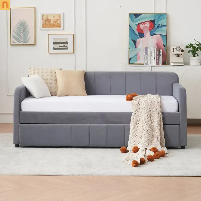 Bed Frame Daybed Twin Velvet Gray Roll-Out Trundle 250 lb
