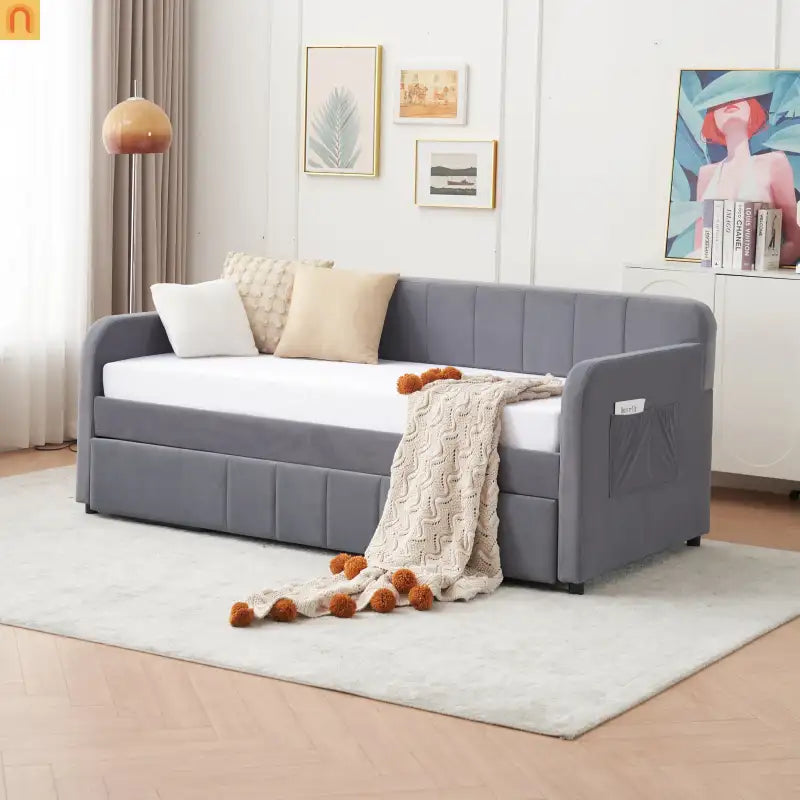 Bed Frame Daybed Twin Velvet Gray Roll-Out Trundle 250 lb