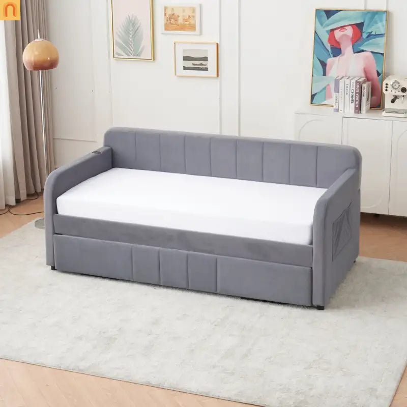Bed Frame Daybed Twin Velvet Gray Roll-Out Trundle 250 lb